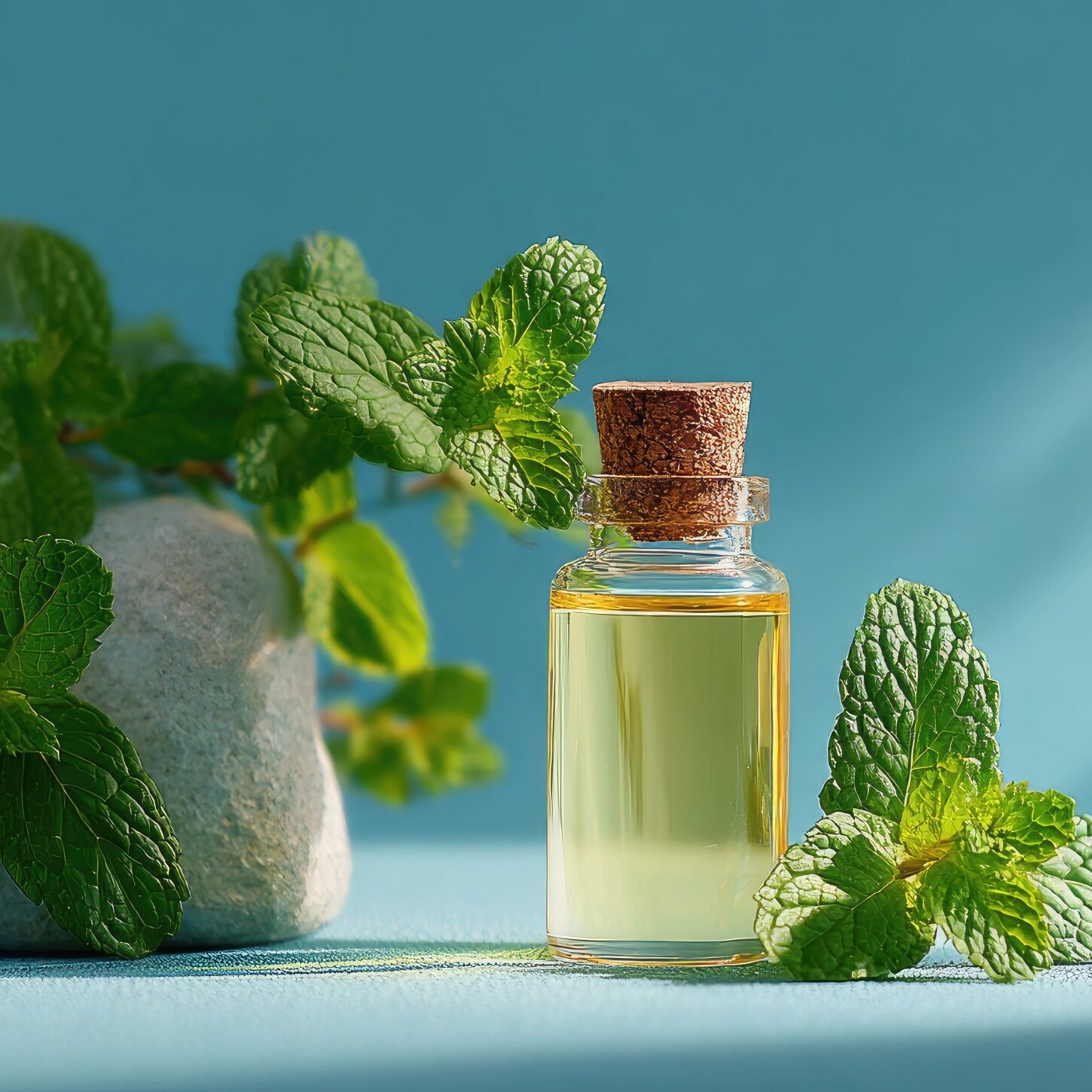 Mint essential oil in a small glass bottle, surrounded by fresh mint leaves and a light stone Schlaföl – Bild 1